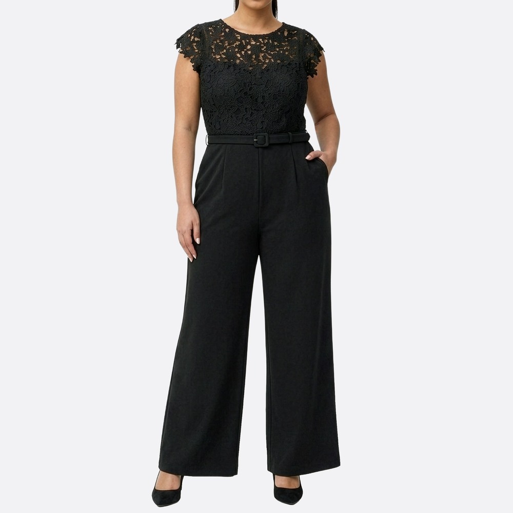 Eliza‎ J Lace Bodice Wide Leg Jumpsuit Black 12 L 0X Elegant Party Night Out